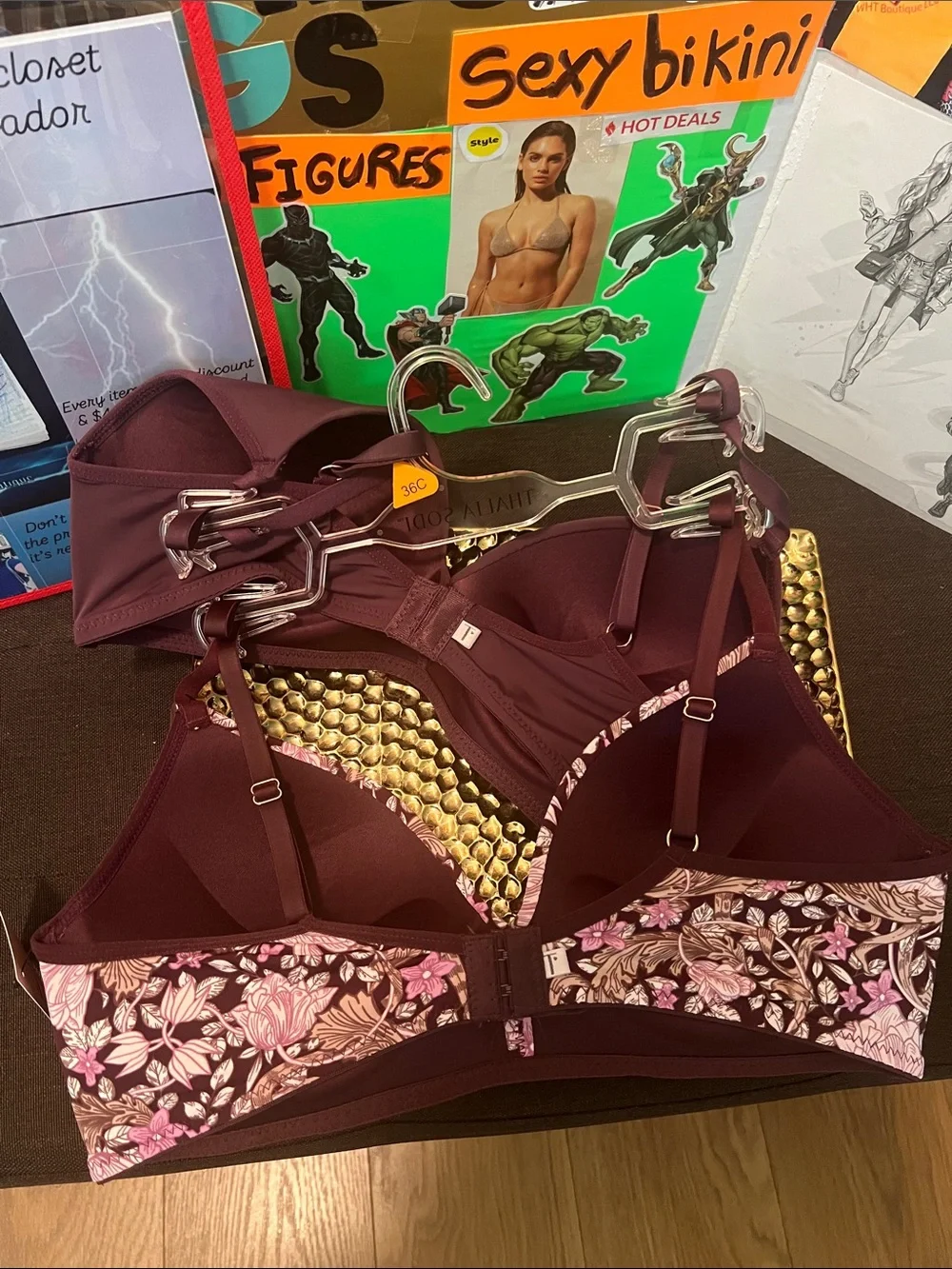 #2595**Thalia Sodi Plum Floral Longline Bra with Pink Accents